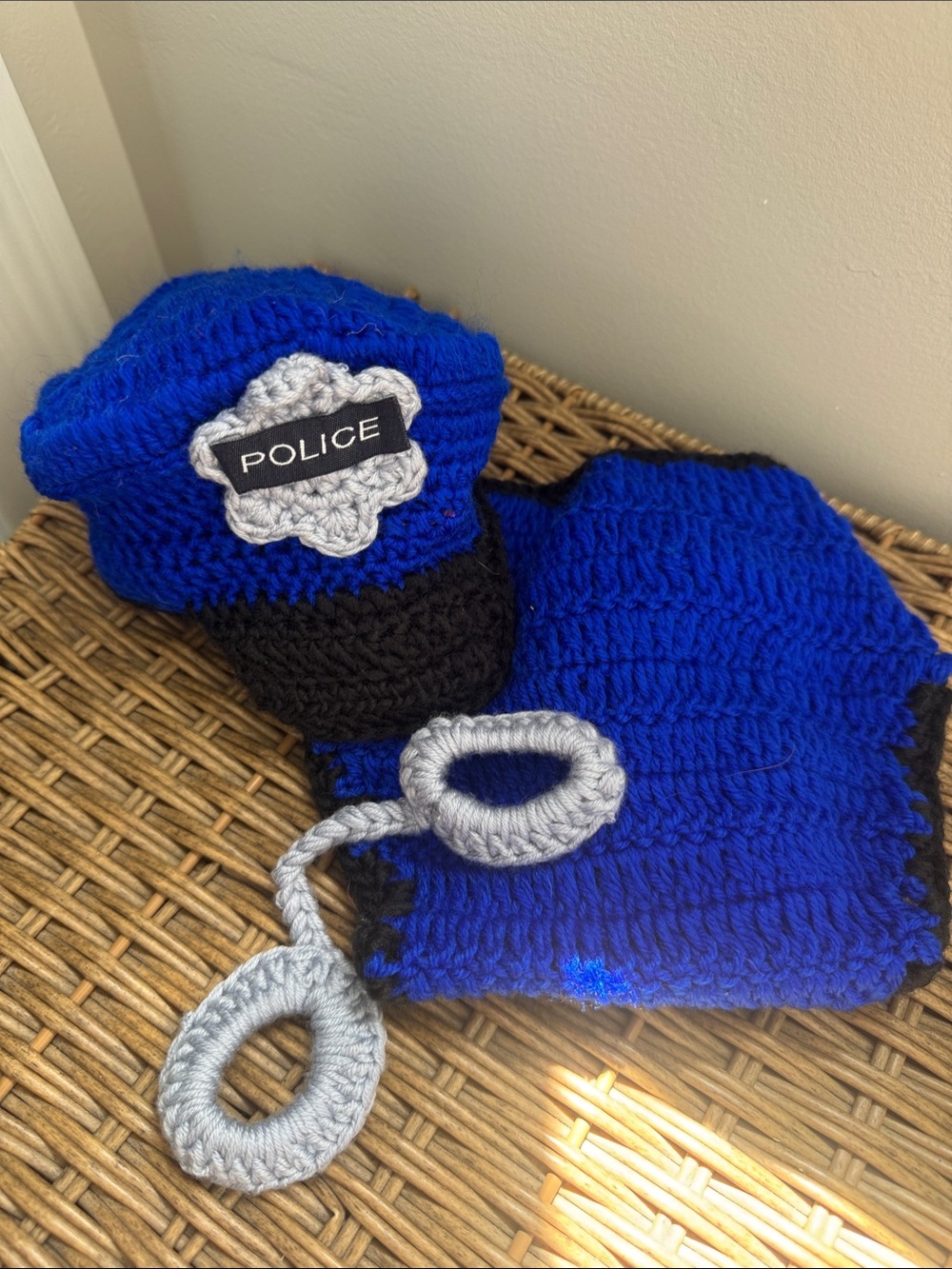 Newborn Infant Royal Blue Crocheted Police Dress-Up Hat & Handcuffs Set